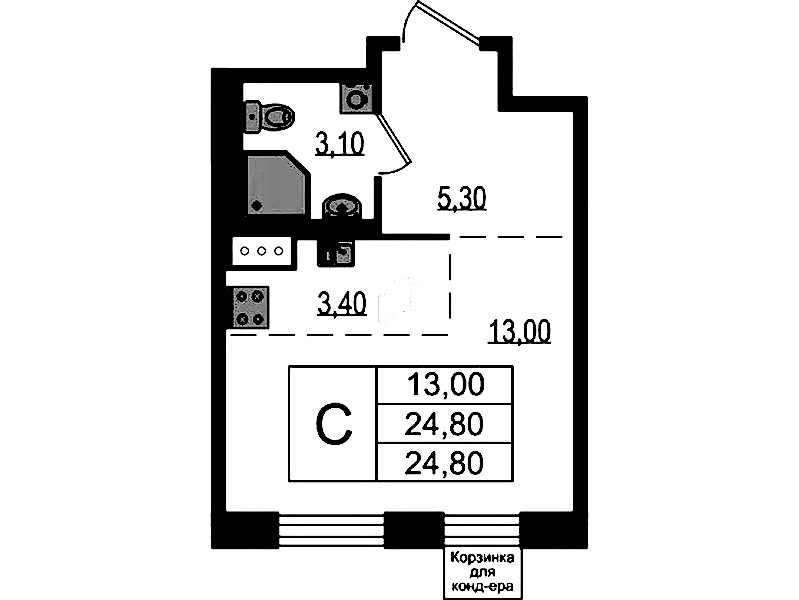 Квартира студия 24.8 м², 5/7 эт., ЖК «Курортный квартал»
